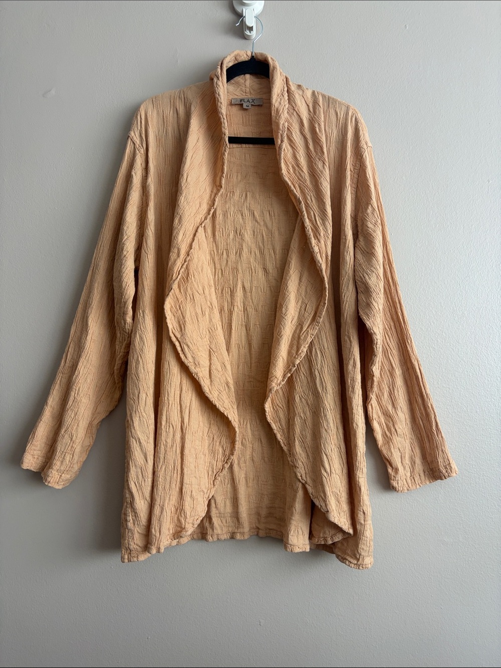 FLAX Linen Blend Open Front Draped Waterfall Jacket Cardigan Tan Peach M